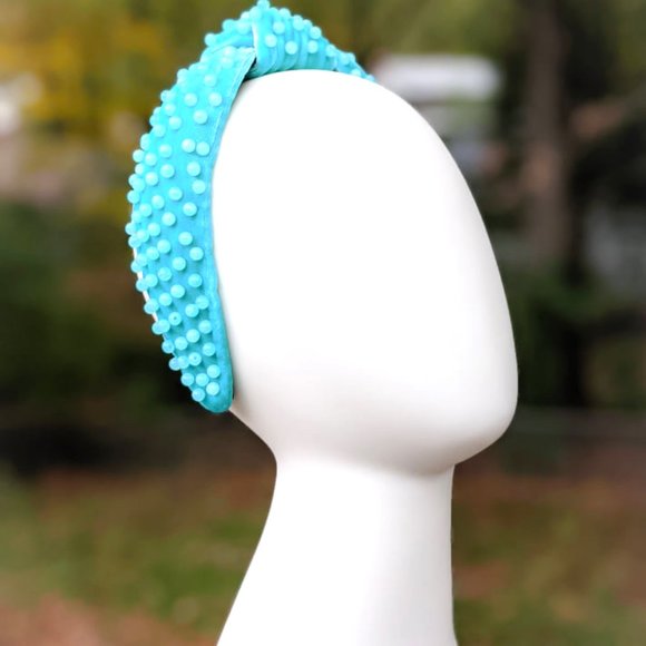 Tiffany Blue Beaded Knot Velvet Headband Aqua Amazonite Acrylic Beads Handmade main image 6